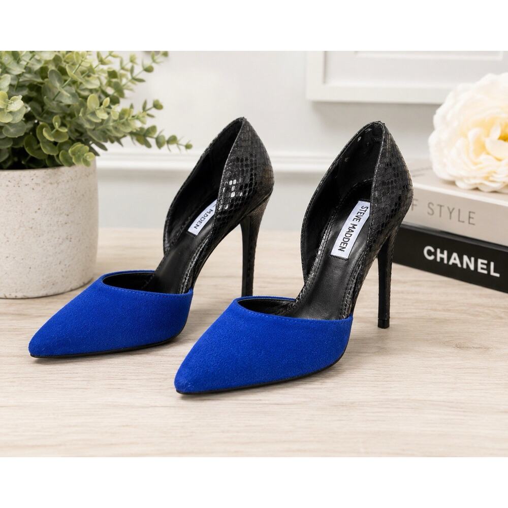 Steve Madden D’Orsay Pumps Size 6 Blue Suede Black Snakeskin 4” Stiletto Heels